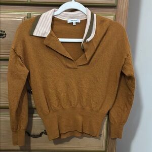 Madewell Orange Collared V-Neck Sweater with Ribbed Detailing